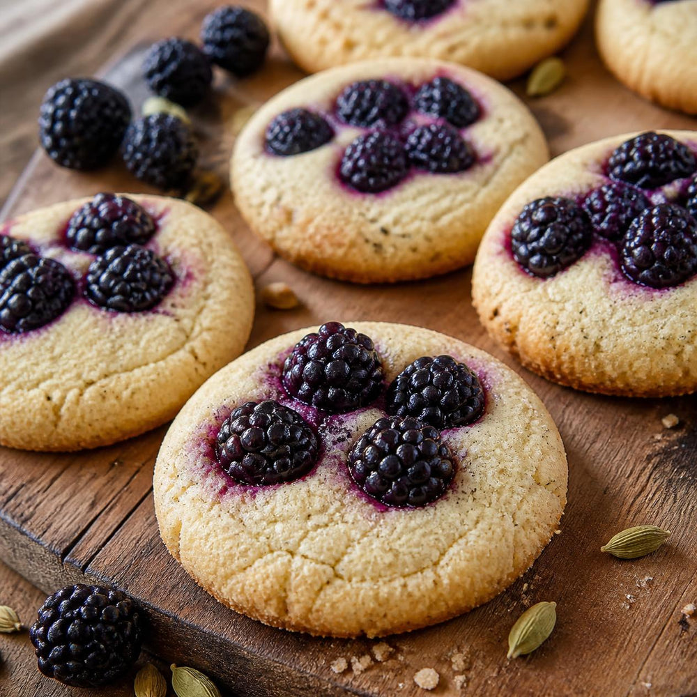 Blackberry cardamom shortbread cookies with whole blackberries pressed into buttery golden shortbread, dusted with cardamom sugar