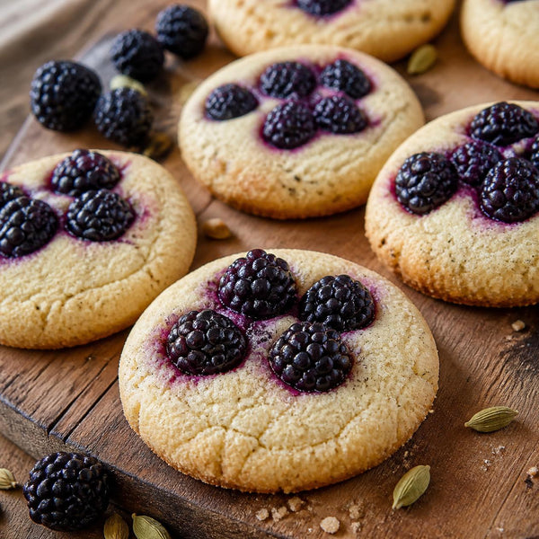 Blackberry cardamom shortbread cookies with whole blackberries pressed into buttery golden shortbread, dusted with cardamom sugar